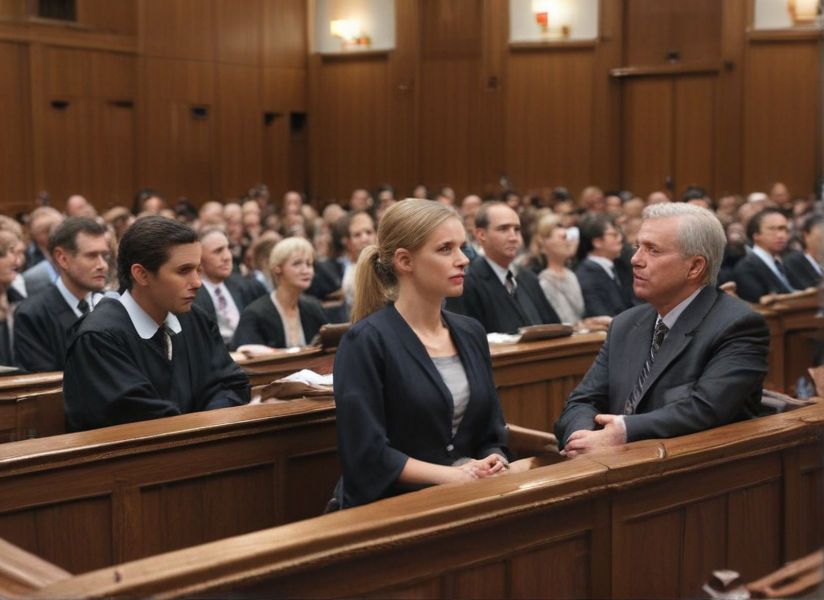 Two spouses sit opposite each other, flanked by attentive lawyers, discussing terms amidst the buzzing interest of spectators.