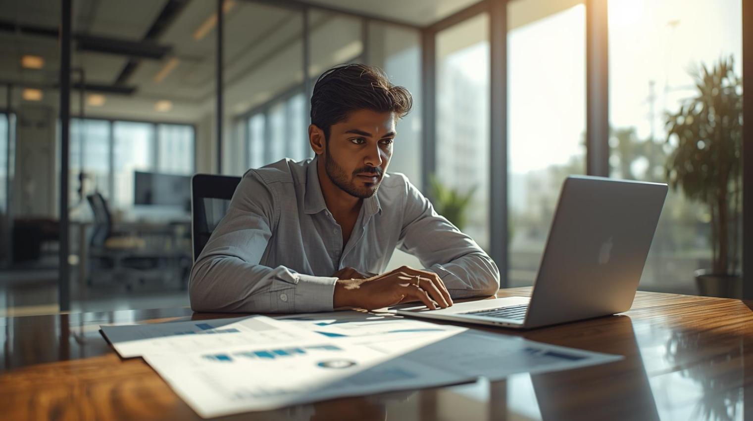Focused journalist studying supply chain data on laptop inside bright optimistic newsroom environment.