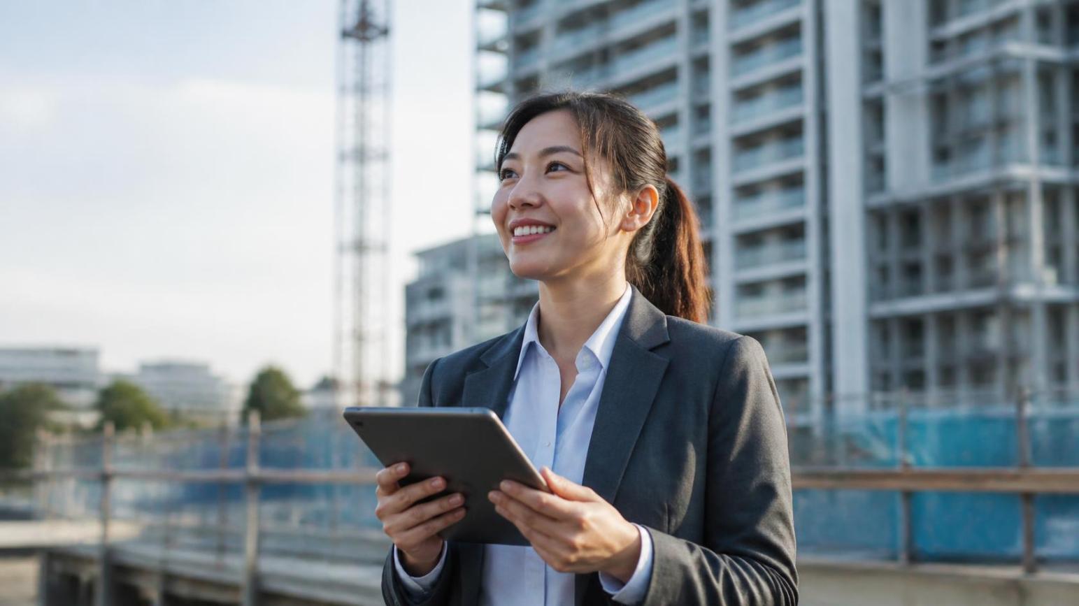 Smiling businesswoman holding tablet near a new residential building construction site outdoors.